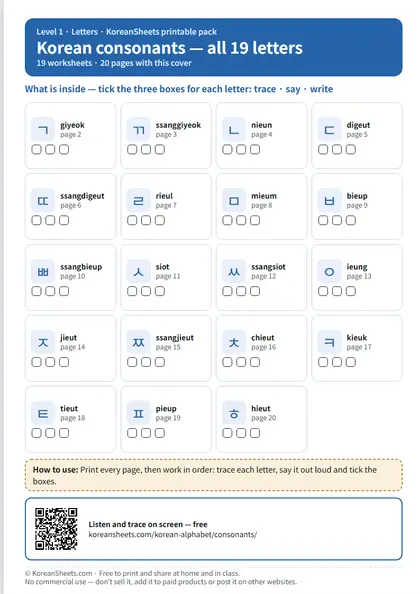 Cover of the Korean consonants worksheet pack: a tick list of all 19 letters with page numbers